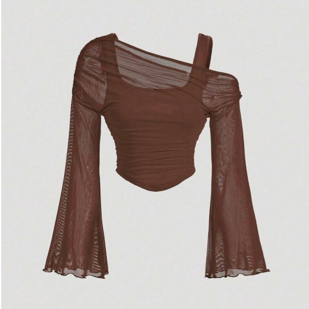 Asymmetrical Shoulder Long-Sleeve Mesh Top